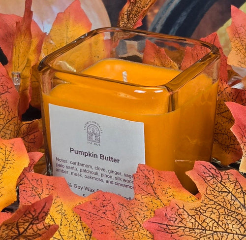 Pumpkin Butter scented 100% soy candle in a 5 ounce glass cube jar.