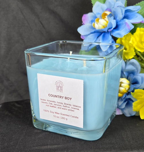 Country Boy scented 100% soy candle in a 10 ounce glass cube jar.