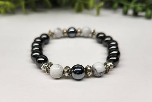 CALMNESS/GROUNDING- White Howlite/Hematite Bracelet 8mm