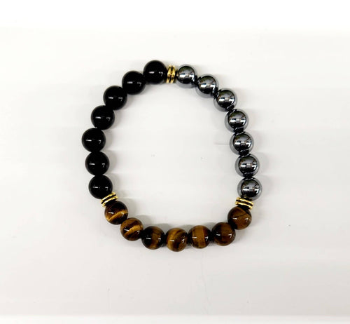 TRIPLE PROTECTION- Hematite/Tiger Eye/Blk Obsidian Bracelet 8mm