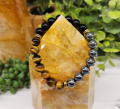 TRIPLE PROTECTION- Hematite/Tiger Eye/Blk Obsidian Bracelet 8mm