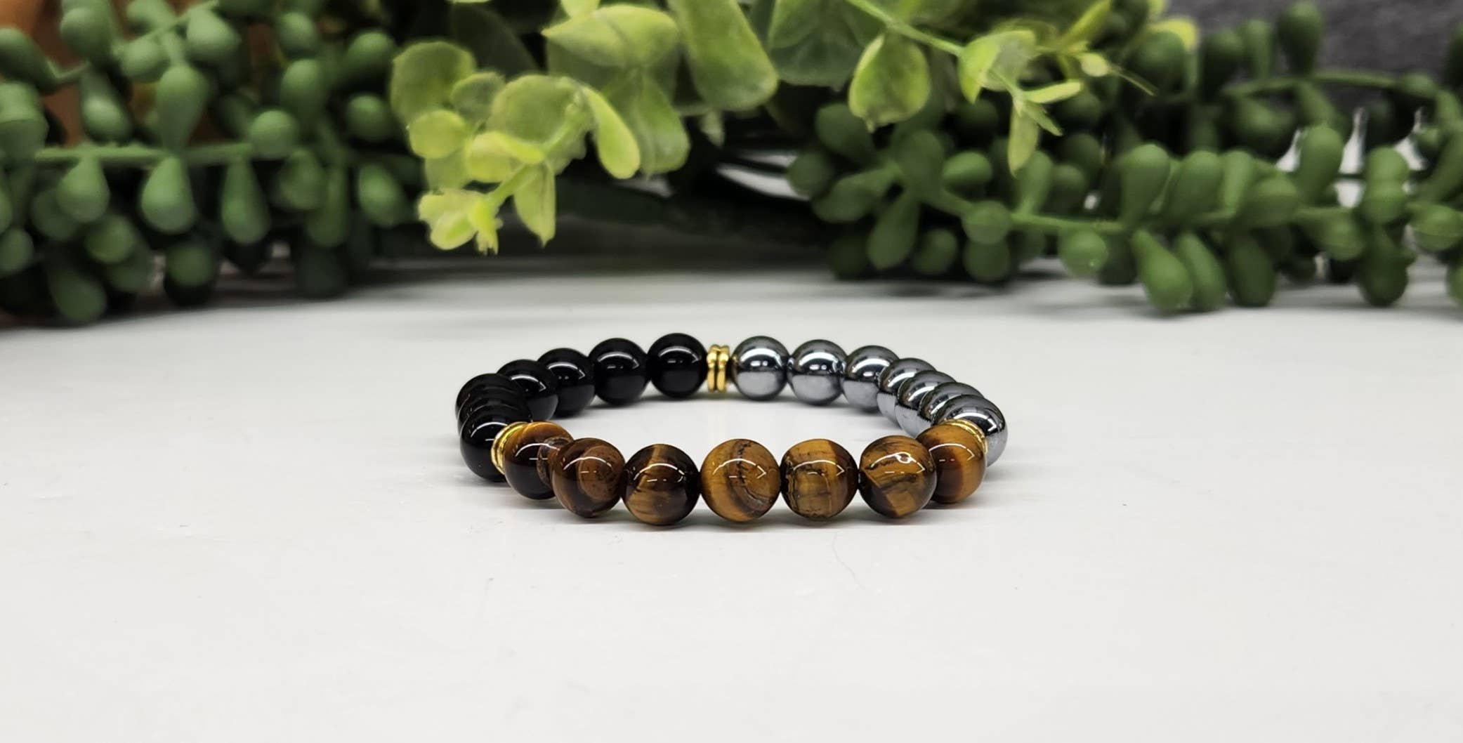TRIPLE PROTECTION- Hematite/Tiger Eye/Blk Obsidian Bracelet 8mm