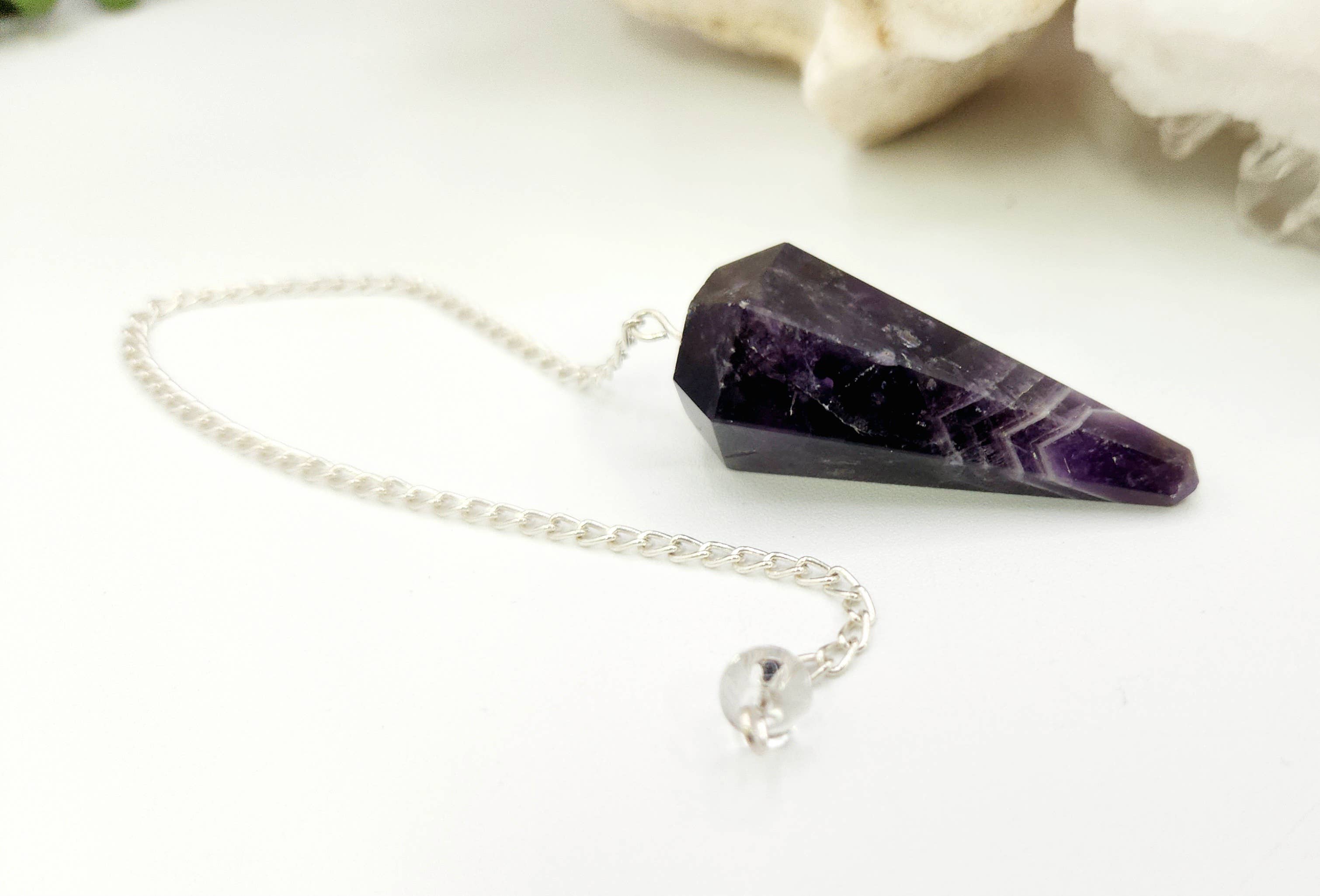 Chevron Amethyst Pendulum w/Silver Plated Chain