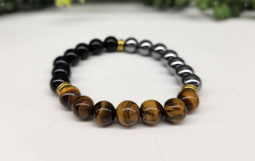 TRIPLE PROTECTION- Hematite/Tiger Eye/Blk Obsidian Bracelet 8mm